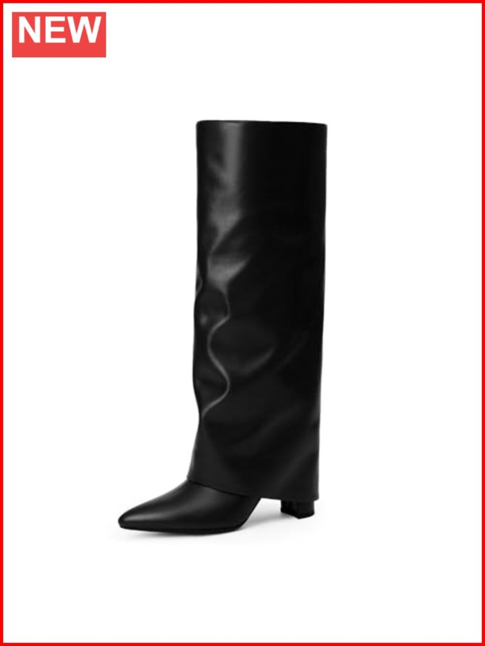 Faux Leather Knee High Boots Fold Over Chunky Heel Pointed Toe Tall Boots
